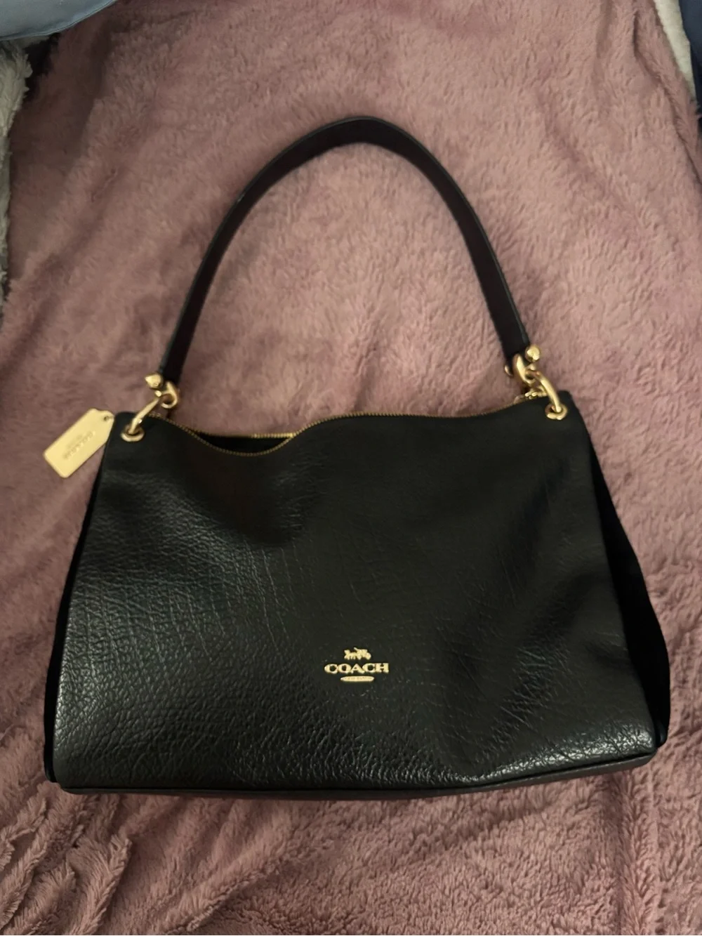 COACH Black Leather Shoulder Bag with Gold Accents